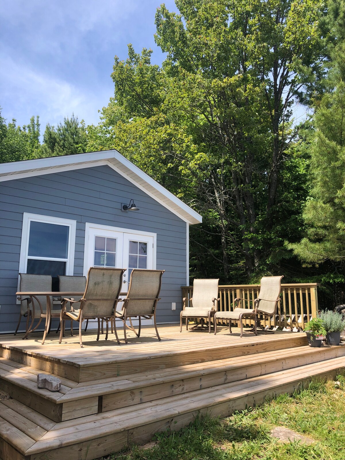 A wooden deck is presented in the foreground, featuring six outdoor chairs and a dining table. The blue-gray exterior of the cottage can be seen, surrounded by leafy trees, providing a lush green backdrop. Natural light illuminates the space, enhancing the inviting outdoor area.