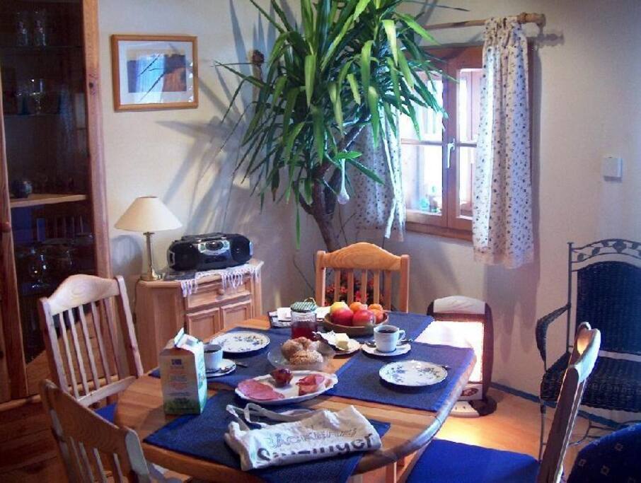 Esszimmer-Garnitur im Wohnzimmer von 25 m2 mit Barfach-Schrank, Geschirrschrank, Farbfernseher, Stereo-Musikanlage
und rustikalem Holzkamin-Ofen mit romantischem Sichtfenster,
Farb-Fernseher und digitale Musik-Stereo-Anlage sowie Flügeltür zur Terrasse