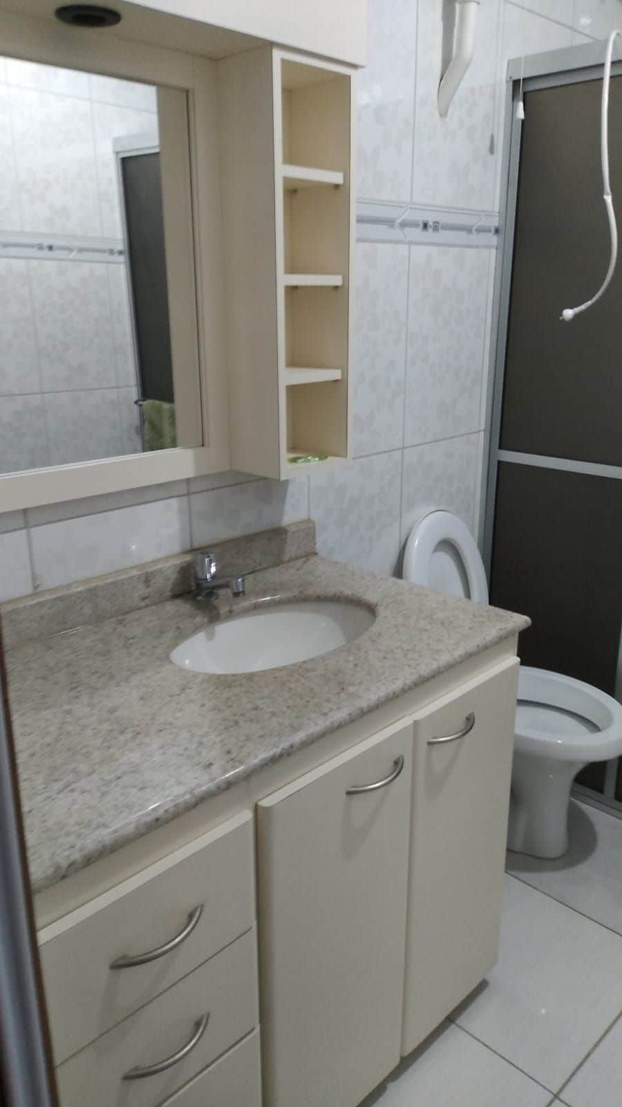 A bathroom is presented with a light-colored vanity featuring a granite countertop and a sink. A mirror is positioned above the sink. Shelves are built into the wall for storage. A white toilet and a frosted glass shower stall are visible in the background.