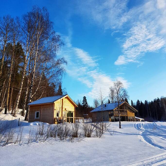 The guest cabin and our house in the background.