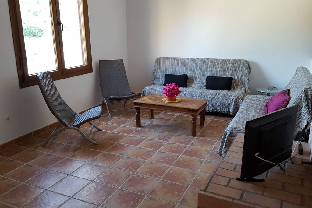 amplio salón con estufa de leña