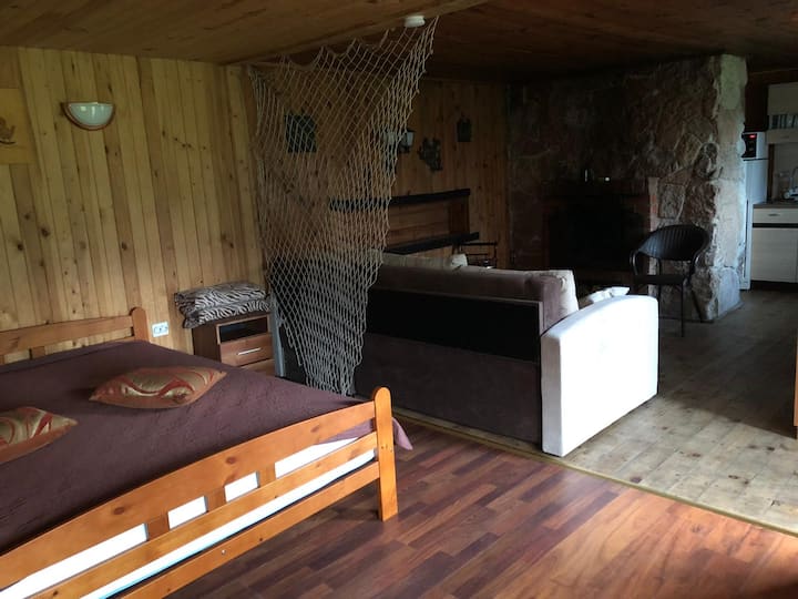 Hlavná izba s kozubom a výhľadom na kuchyňu