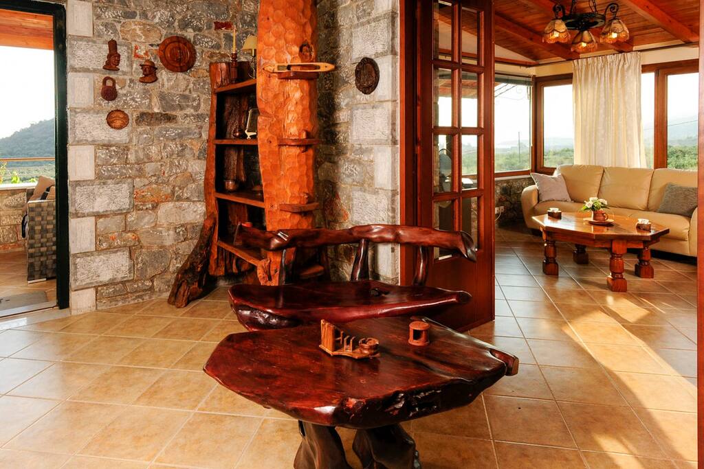 Living room with breathtaking view and Unique wooden decoration