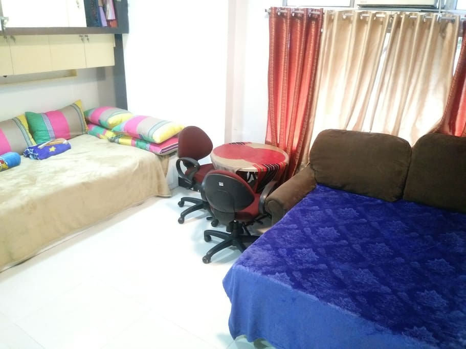 we have sofa bef & one bed with pull out bed & foam on top to make you more comfortable & enjoy your staycation in our place