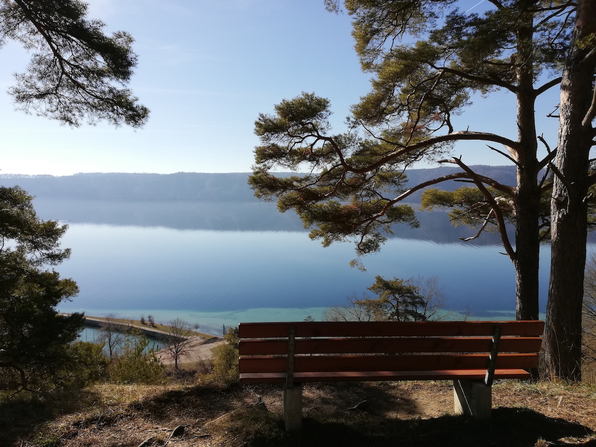 A wooden bench is positioned near a scenic viewpoint, overlooking calm water reflecting the sky. Surrounding trees offer shade, and the landscape features gentle slopes leading down to the shoreline. The view extends to distant hills, creating a serene atmosphere.