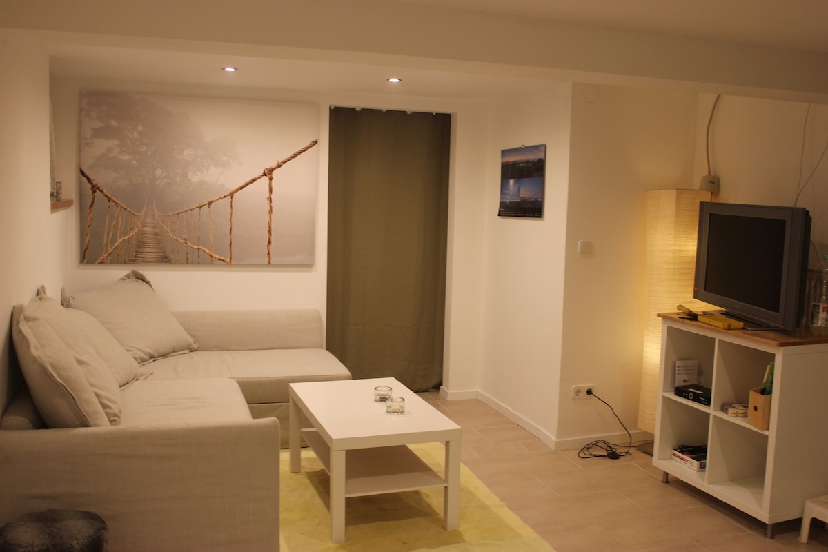 The living area features a corner sofa designed for four, complemented by a coffee table. A television on a white stand provides entertainment options. Soft lighting is provided by a floor lamp, while artwork depicting a bridge enhances the space's tranquil atmosphere.
