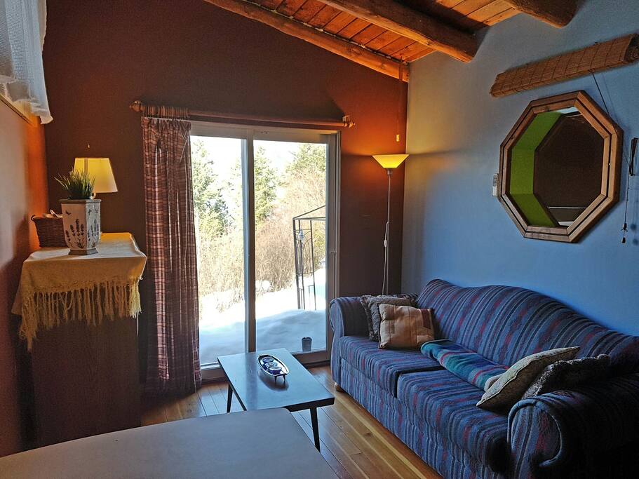 back living room with lake and mountain view