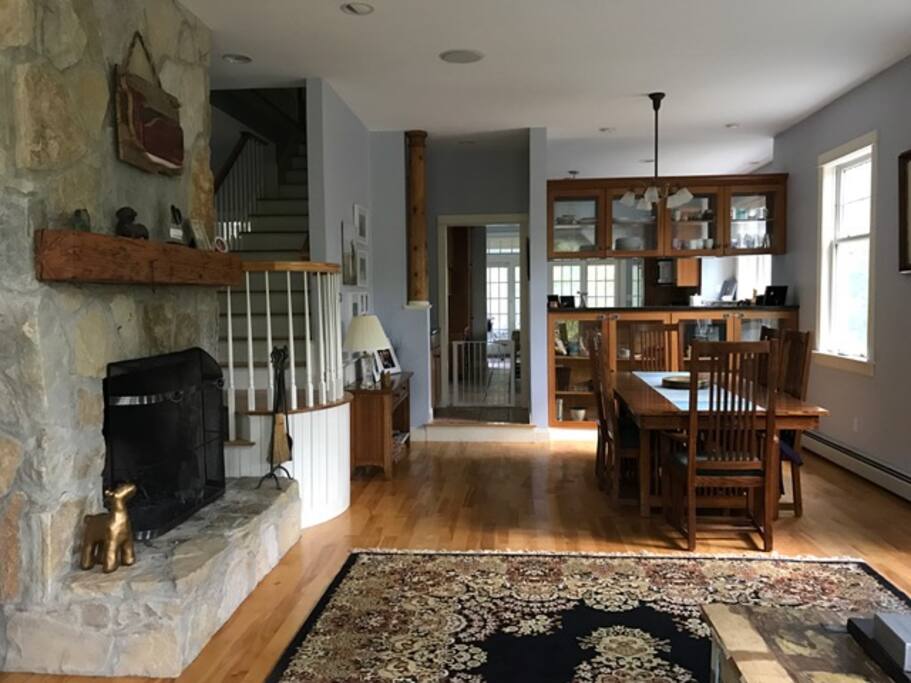 Large stone fireplace in the living area