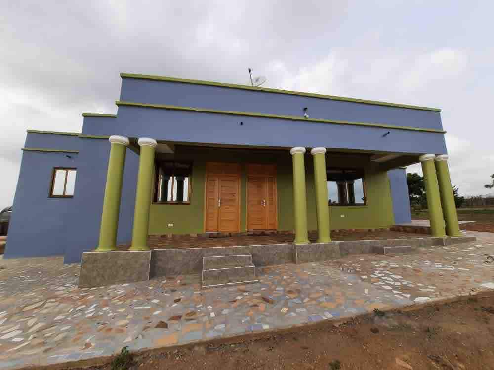 The exterior of a modern home is presented, highlighted by a combination of blue and green walls. Two wooden doors are centrally positioned, framed by white columns. A patio area is visible, set on a patterned stone surface, surrounded by a spacious outdoor setting.