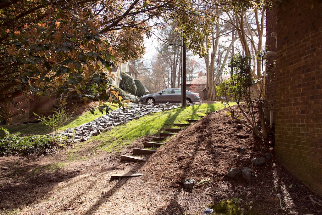The steps leading down to your private entrance and the nearby running trail