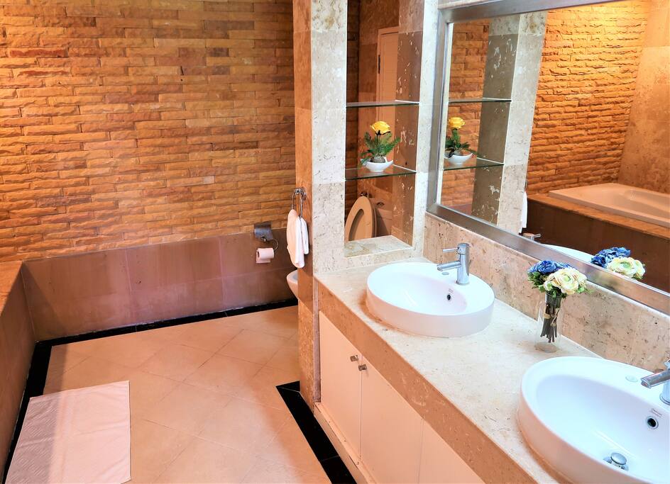 Master bath with double sinks, bath tub, and shower.