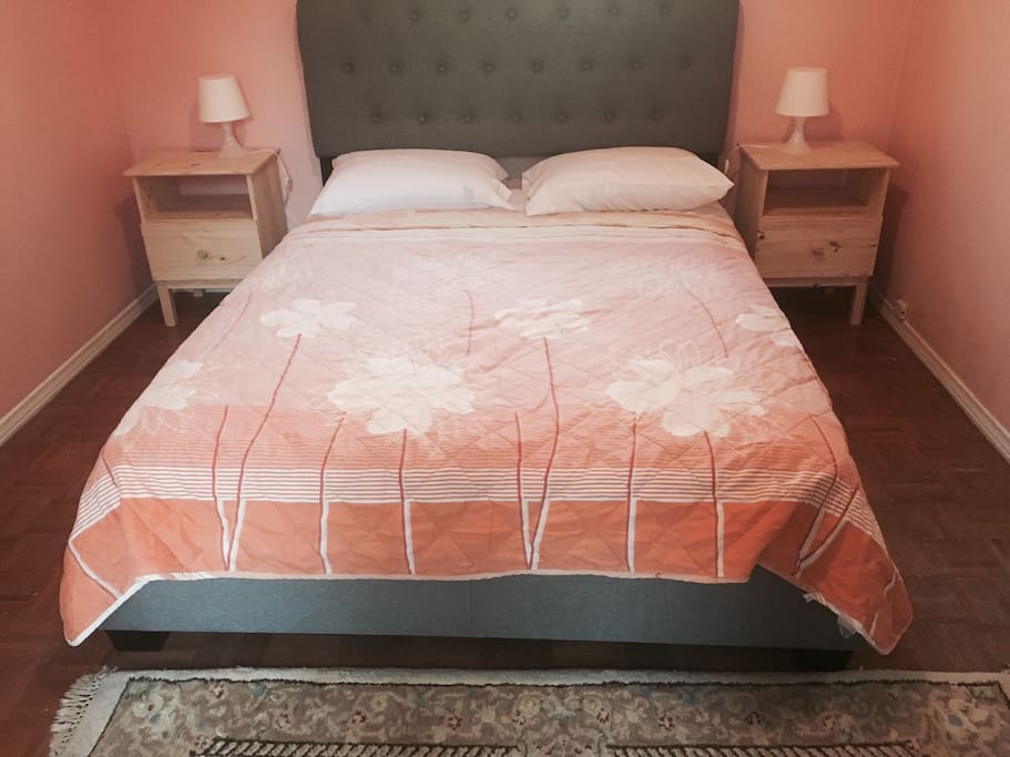 Queen size bed in the bedroom in a very quite and peaceful romantic setting.