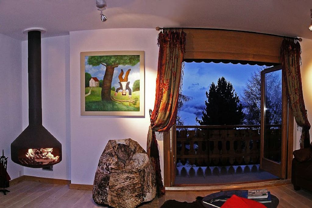 fireplace and terrace view