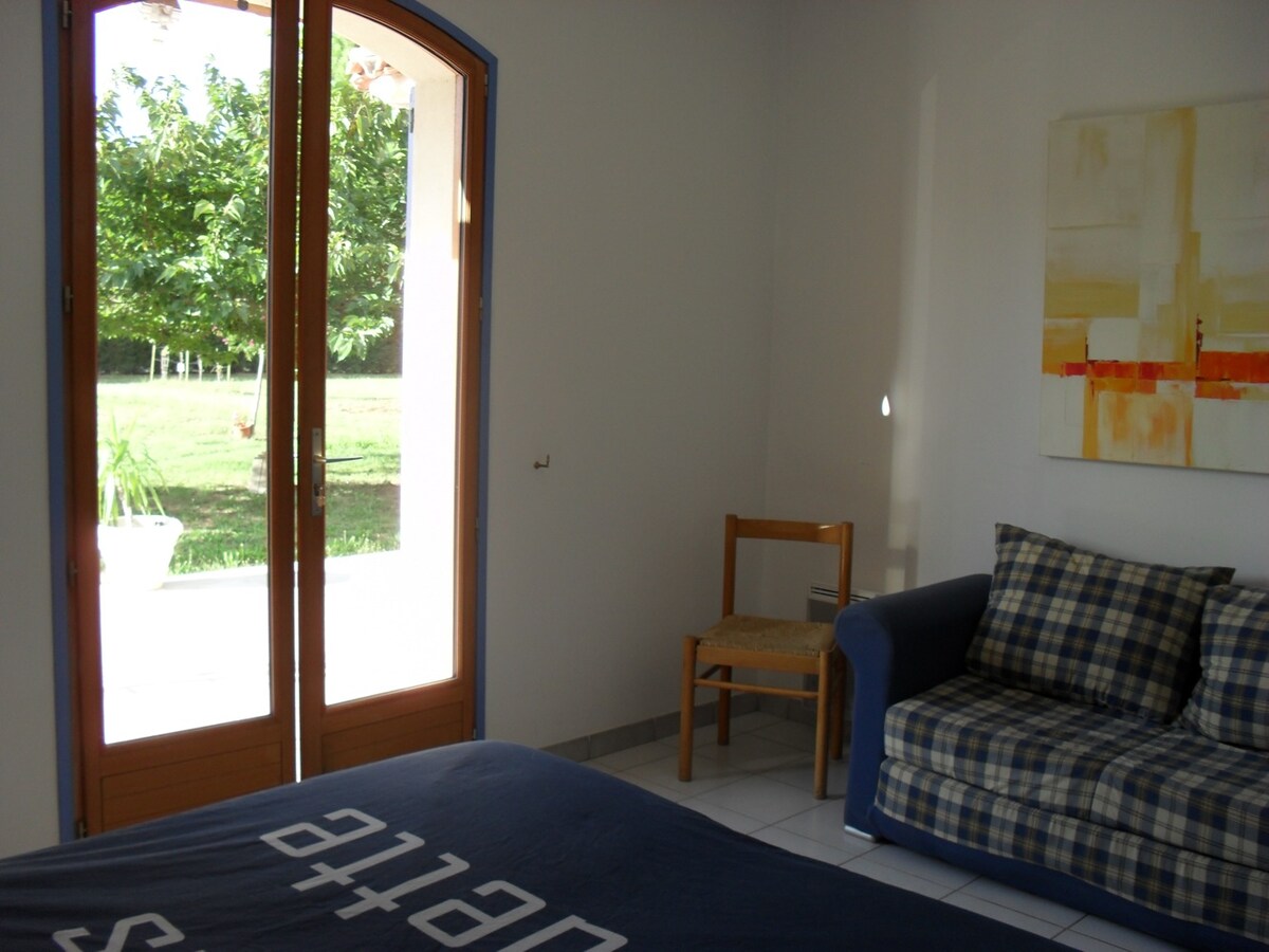 Chambre bleue, lit double électrique, canapé, télévision, placard accès direct terrasse.