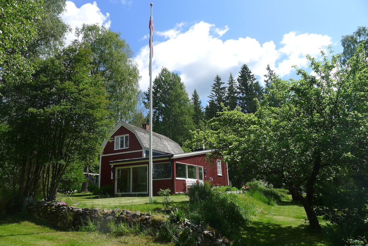 A classic red cottage is framed by lush greenery, featuring large windows that reflect the surrounding nature. A flagpole stands prominently in the yard, with a clear blue sky and scattered clouds providing a serene backdrop.