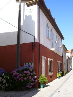 A two-story duplex is shown, featuring a red and white exterior. Flowering hydrangeas and potted plants are located along the pathway. The street is clear, and blue skies can be seen above, creating a bright and welcoming setting.