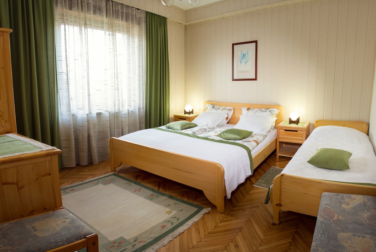 A bedroom is furnished with two beds, one larger and one single, arranged thoughtfully. Natural light enters through a large window dressed in sheer curtains, while wooden accents and green decor elements create a serene environment. A small bedside table accompanies each bed.