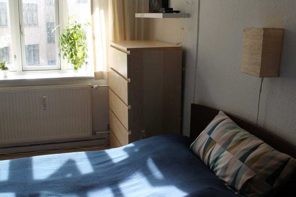 A cozy bedroom featuring a spacious bed with a blue coverlet and a decorative pillow. A wooden dresser stands nearby under a window, allowing natural light to fill the room. Light curtains frame the window, while a small plant adds a touch of greenery.