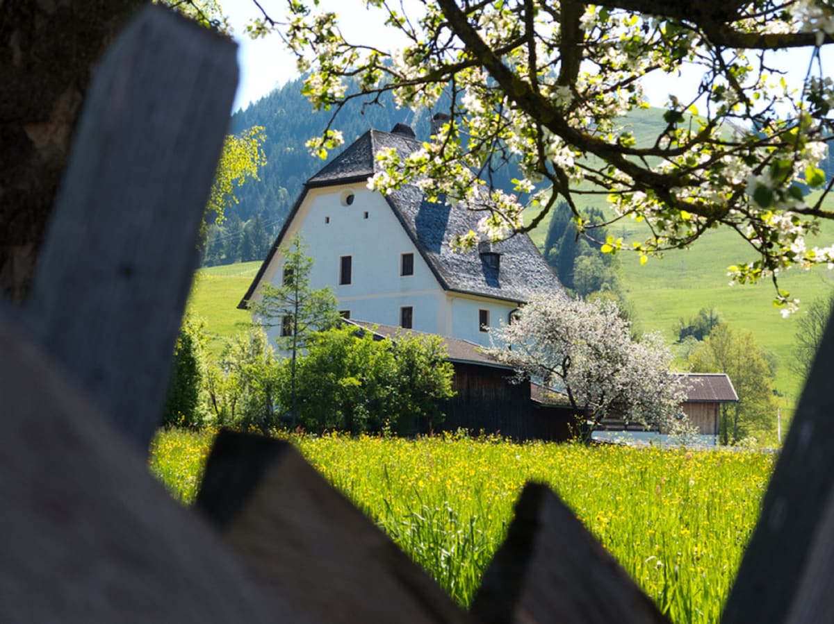 A charming holiday home is set against a backdrop of rolling green hills. The structure features a sloped roof and white exterior, surrounded by blooming trees and lush fields. A wooden fence partially frames the scene, enhancing the peaceful rural setting.
