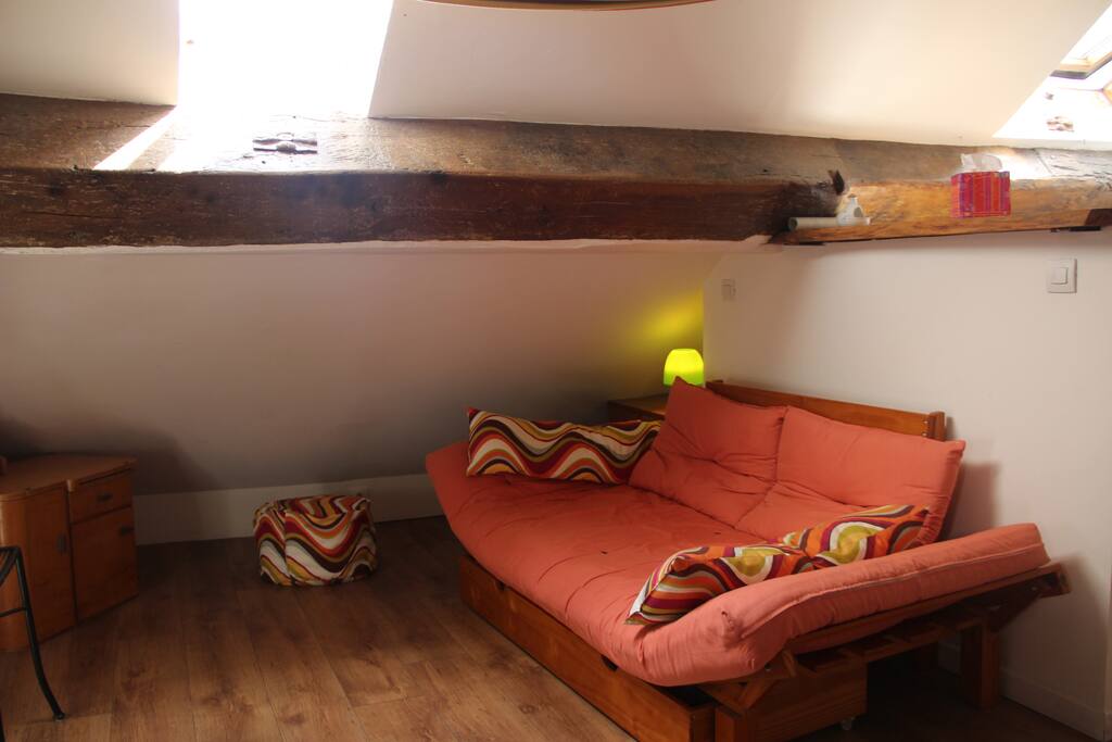 Salon ; canapé futon, lit 1 place.