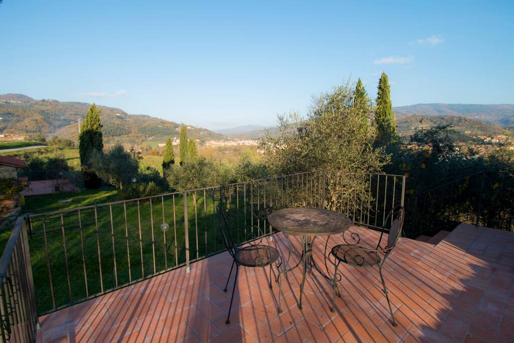 The View over the valley from the terrace on the top floor.