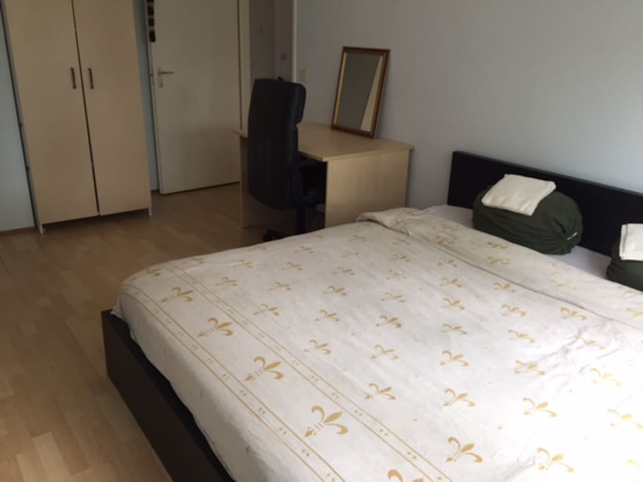 slaap kamer met een kingsize bed en een bureau/stoel en een kleding kast