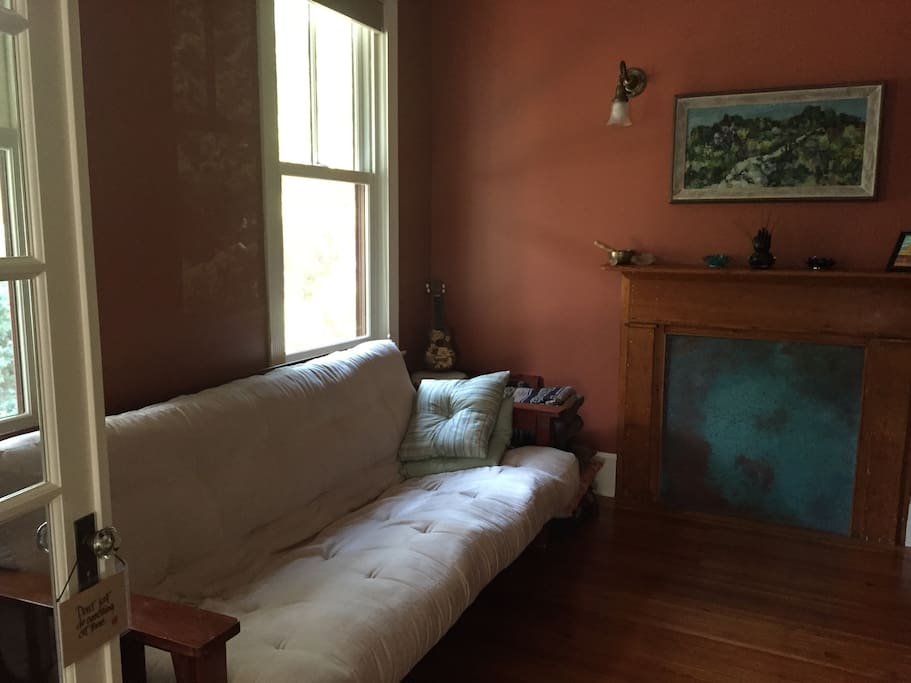Comfy full size futon will be dressed with alternative down comforter and tempurpedic pillow top mattress