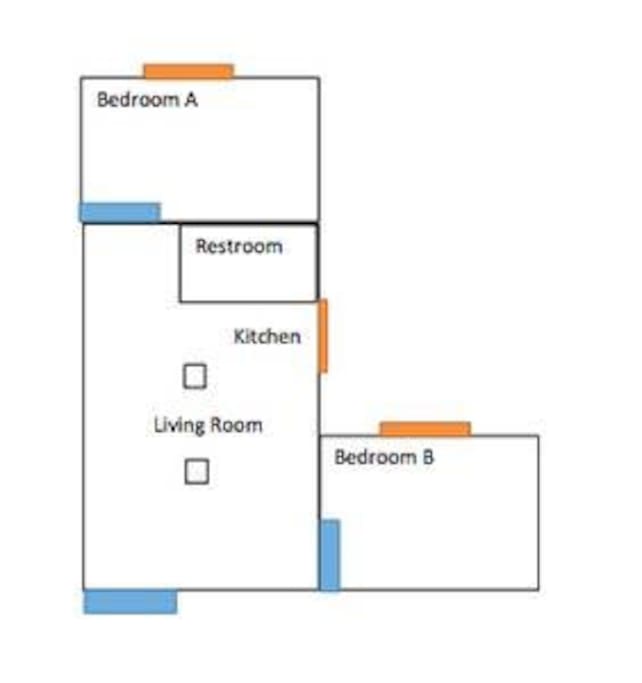 Floor plan - your room is Bedroom B. You have access to the full house except Bed A.