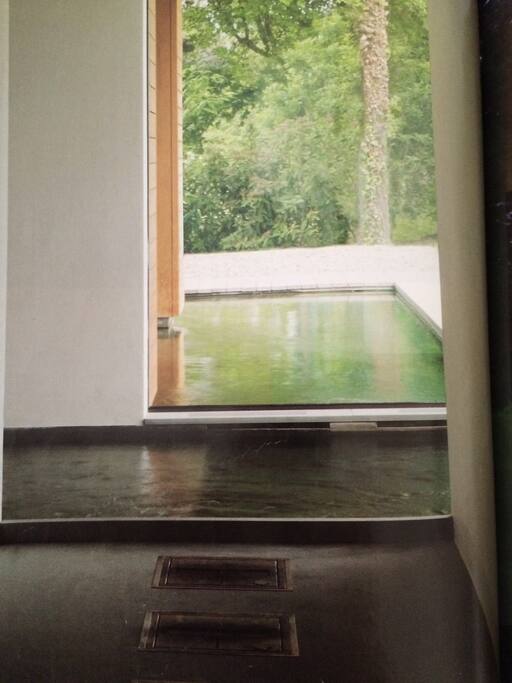 Fire place, plunge pool, overlooking the garden outside