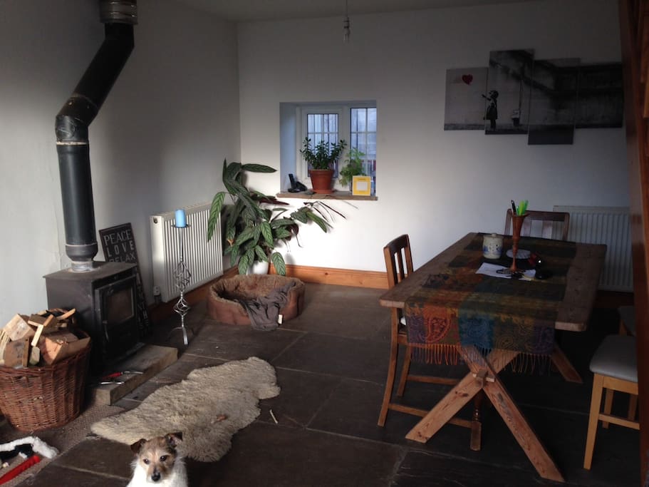 The entrance hallway with log burner