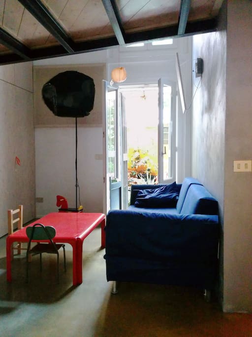 the studio overlooking the little garden that hosts a single bed