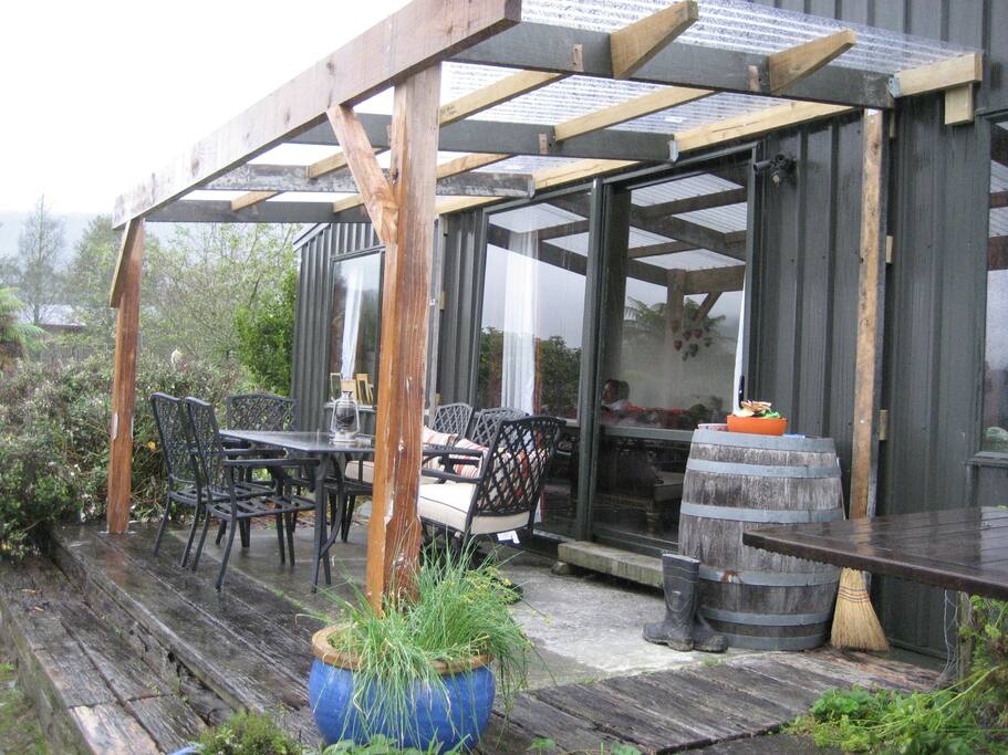 Outdoor seating facing north