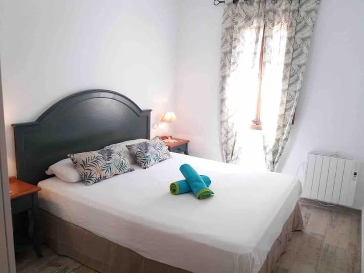 Double bedroom with closet and ceiling fan 