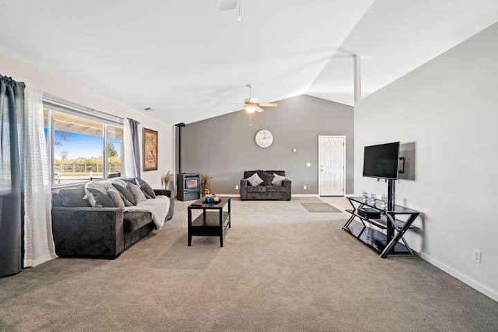 Living room area with a queen sofa bed.