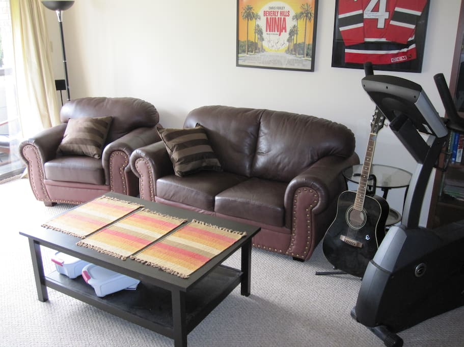 Comfy leather couch set & commercial grade stationary bike.
