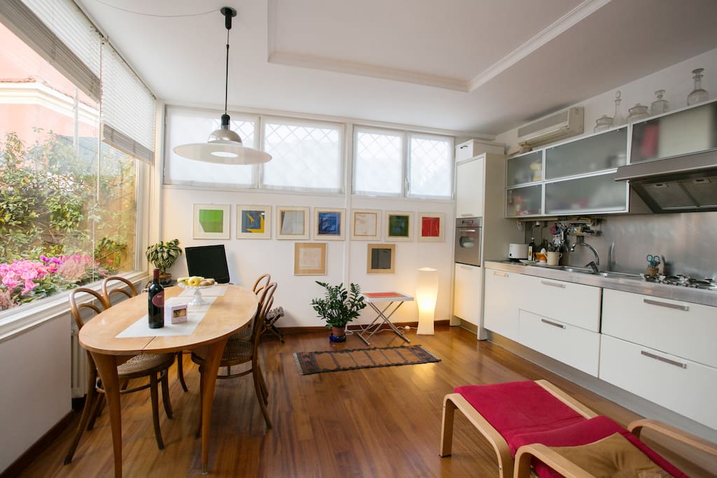 The bright kitchen and dining area