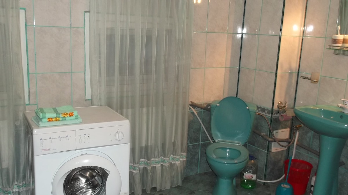 A functional bathroom setting is presented, featuring a washing machine beside a turquoise toilet and a sink. Light grey tiles with green accents cover the walls and floor. Sheer curtains allow natural light to filter in, enhancing the space's practicality.