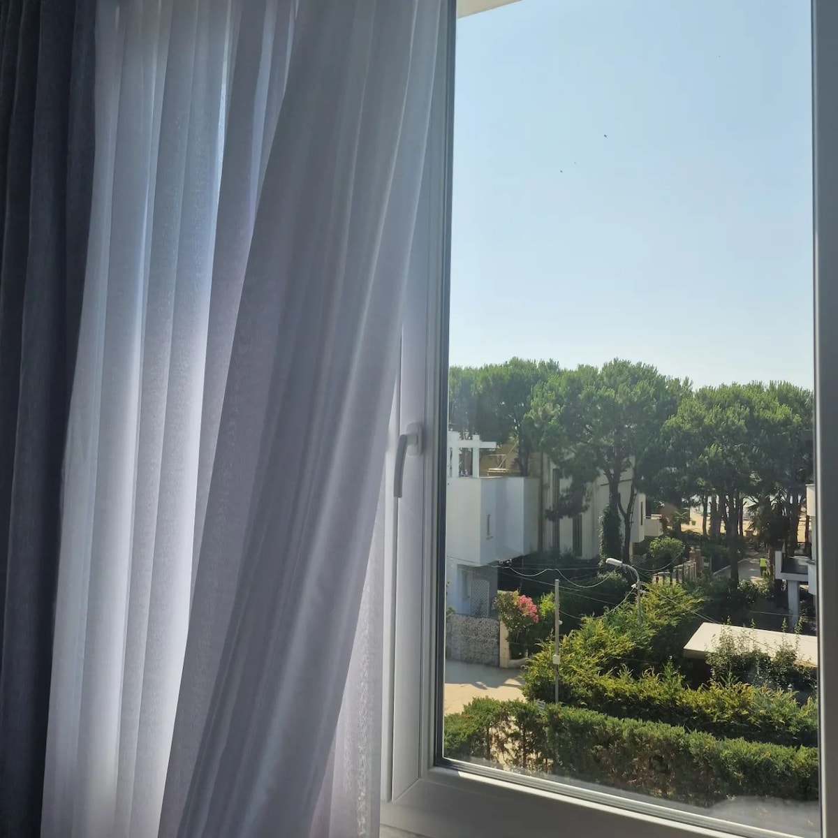 A window reveals a serene view of landscaped greenery outside, highlighted by tall pine trees. Sheer white curtains gently frame the window, allowing natural light to fill the space while offering a glimpse of the peaceful surroundings.
