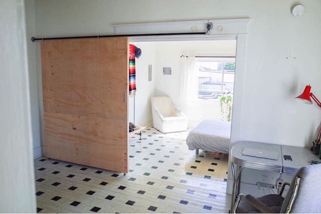 Privacy + Light in the Front Room with a custom sliding door.
