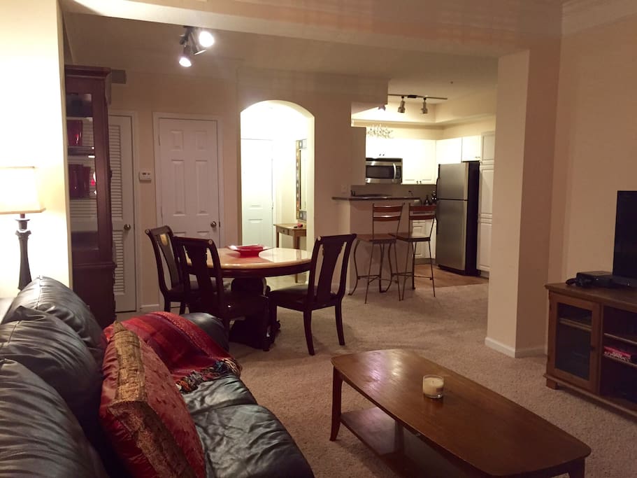 Living room, dining area and kitchen.