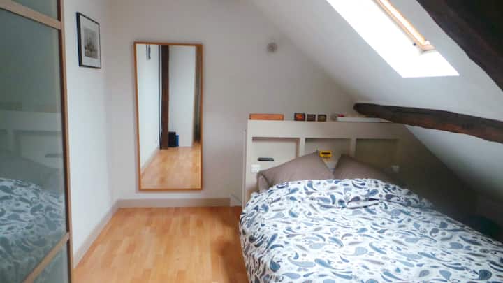 Chambre double avec espace de rangement (placard, commode et tiroirs coulissants sous le lit) menant à la salle de bain attenante.