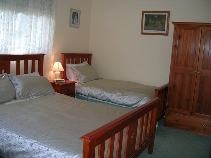 クイーンサイズベッドとシングルベッドを備えたセカンドベッドルーム