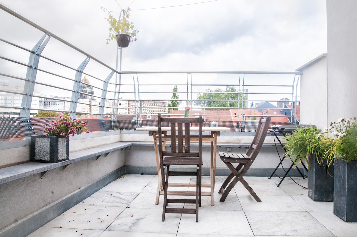 A spacious terrace is showcased, featuring a wooden dining table surrounded by chairs. Potted plants add a touch of greenery, while a railing provides an unobstructed view of the surroundings. The floor is composed of light-colored stone tiles.