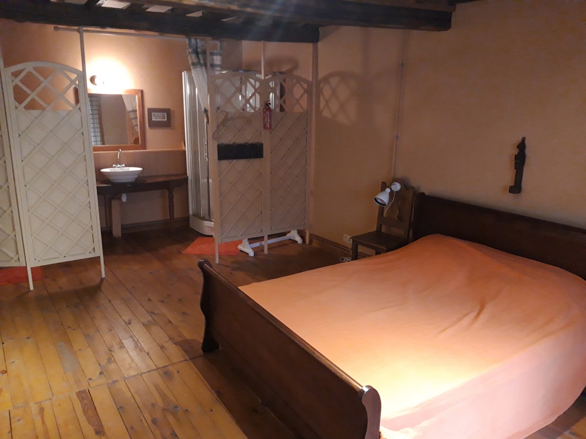 Ნარინჯისფერი ოთახი ორადგილიანი საწოლით, საშხაპით, ლავაბოთი და ტუალეტით.
პირველი სართული.