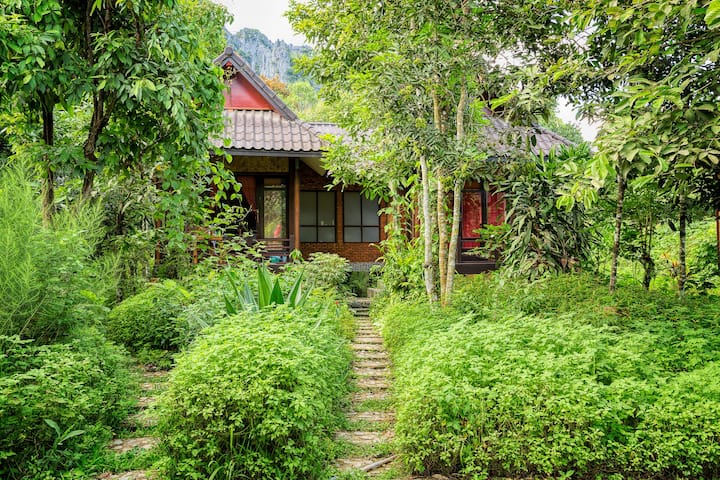 Bungalows during the day.