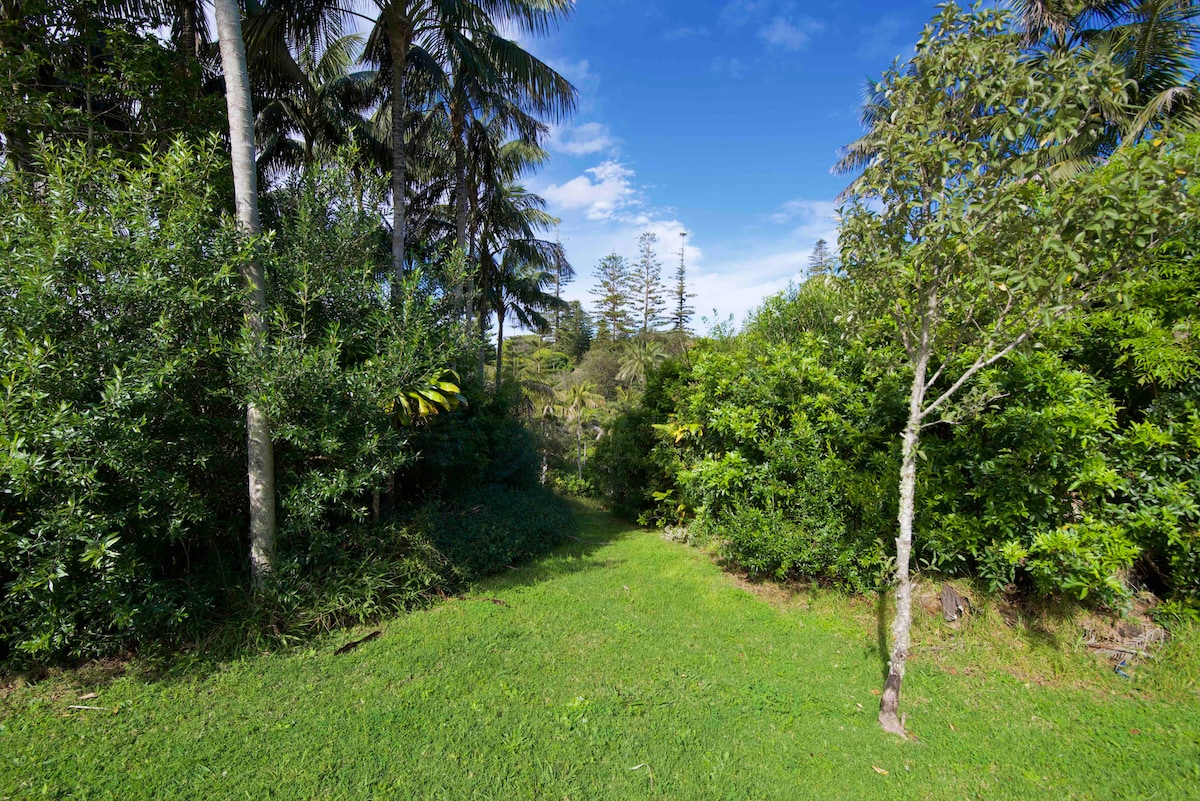 A private walking trail meanders through lush greenery, surrounded by tall palm trees and dense shrubs. The pathway features a well-maintained grass surface, inviting exploration of the natural landscape. A clear sky is visible above, complementing the vibrant foliage.