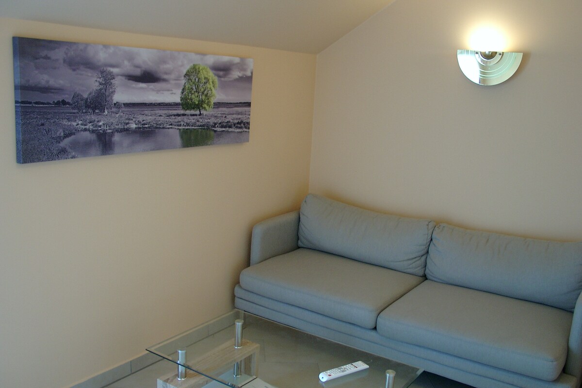 A light-colored wall hosts a large black-and-white photograph of a tree by a body of water. A modern glass coffee table stands in front of a spacious, light grey sofa, creating an inviting area for relaxation.