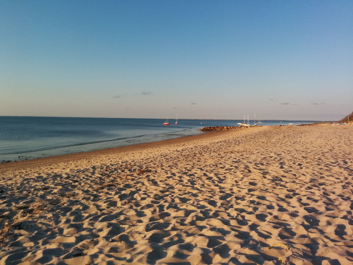 A sandy beach stretches along the shoreline, featuring gentle waves lapping at the shore. In the distance, sailboats are visible on the calm water under a clear sky, creating a serene coastal scene.