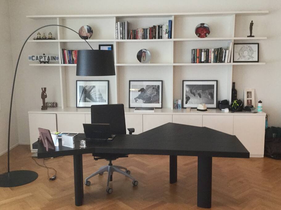 Desk in open plan sitting and dining room
