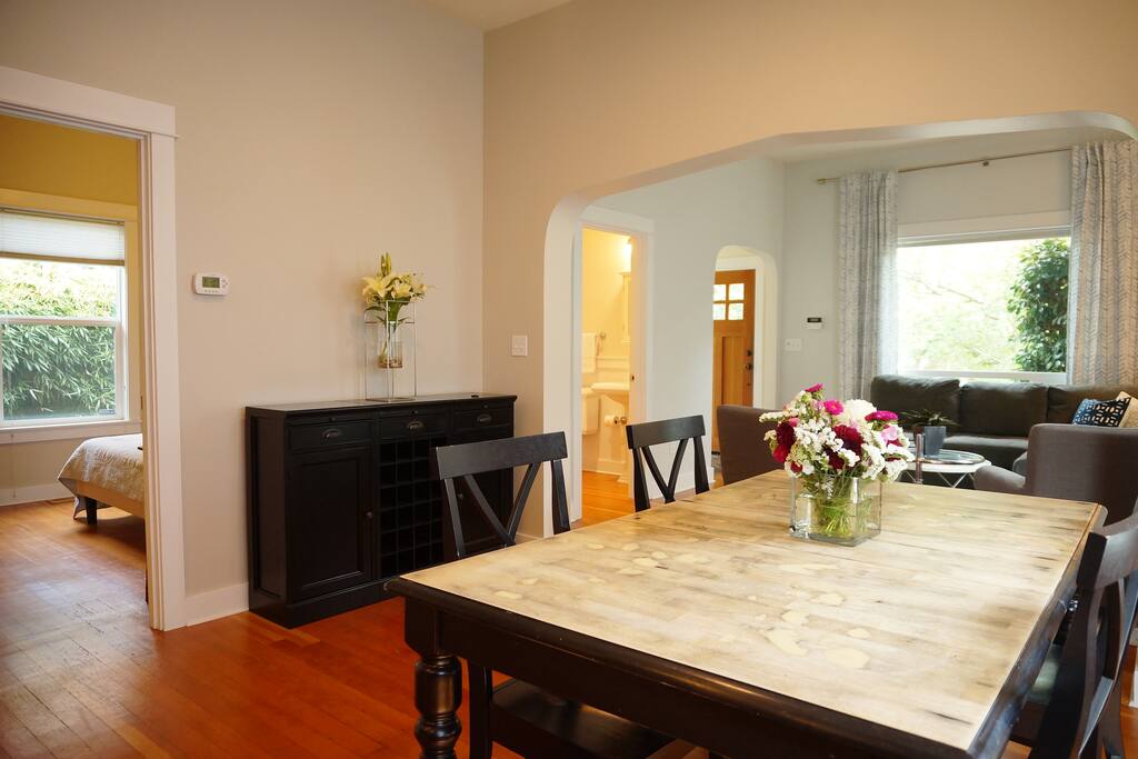 Open sun-filled kitchen and dining